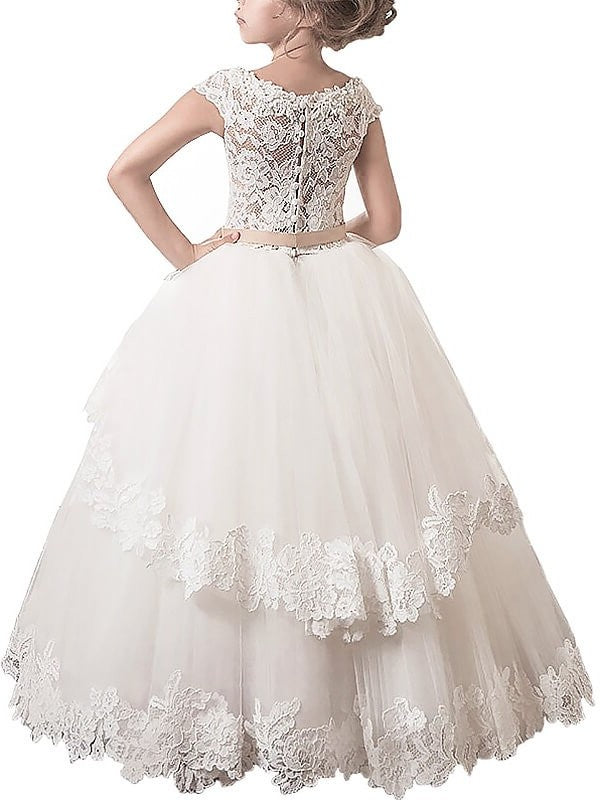 Lace Ball Scoop Floor-Length Tulle Gown Sleeveless Flower Girl Dresses