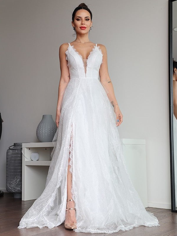 Ruffles A-Line/Princess Lace V-neck Sweep/Brush Sleeveless Train Wedding Dresses