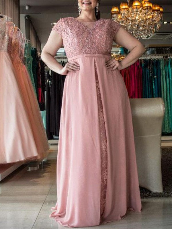 Sleeves Scoop Floor-Length Lace Short A-Line/Princess Chiffon Plus Size Dresses