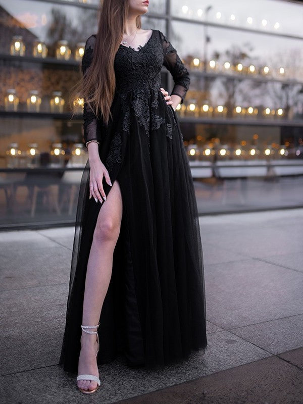 Tulle Applique Ball Sleeves Gown Long Off-the-Shoulder Floor-Length Dresses
