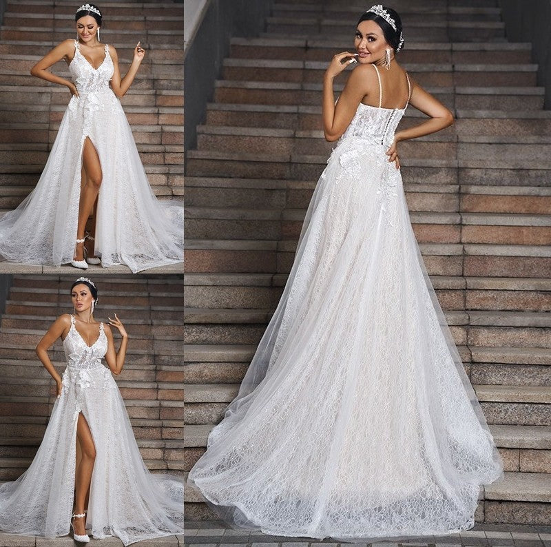 Lace Sweep/Brush A-Line/Princess Sleeveless V-neck Applique Train Wedding Dresses