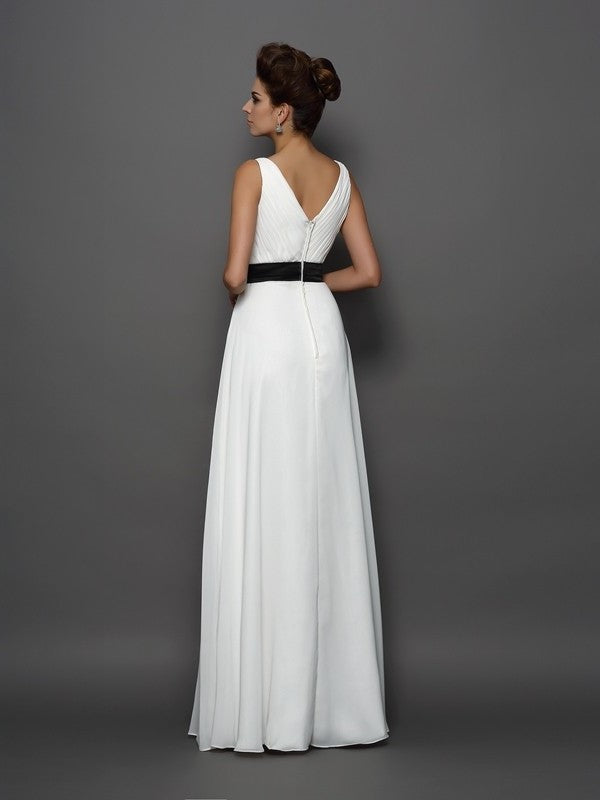 A-Line/Princess Sleeveless V-neck Sash/Ribbon/Belt Long Chiffon Wedding Dresses