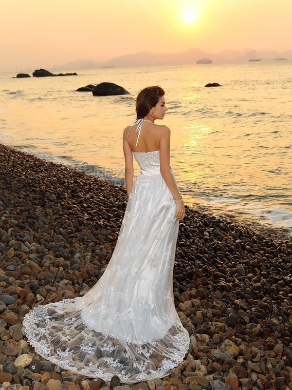 Long A-Line/Princess Sash/Ribbon/Belt Sleeveless Halter Lace Beach Wedding Dresses