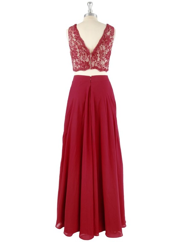 Lace A-Line/Princess Floor-Length Chiffon V-neck Sleeveless Two Piece Dresses
