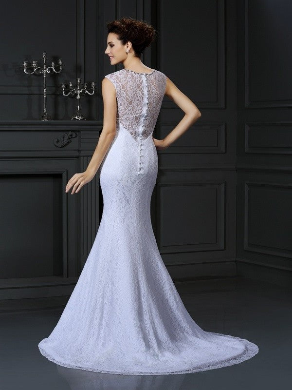 V-neck Sheath/Column Lace Long Sleeveless Satin Wedding Dresses