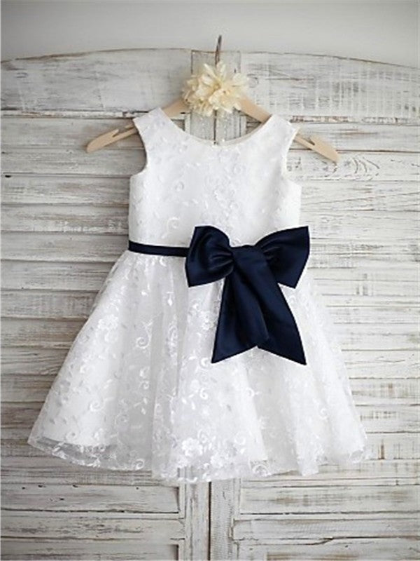 A-line/Princess Scoop Bowknot Tea-Length Lace Sleeveless Flower Girl Dresses