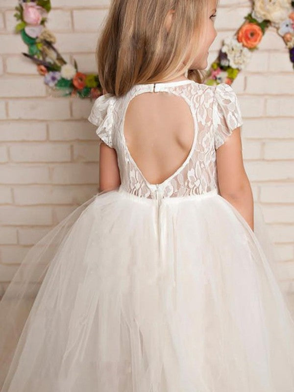 Floor-Length Sleeves Lace A-Line/Princess Tulle Scoop Short Flower Girl Dresses