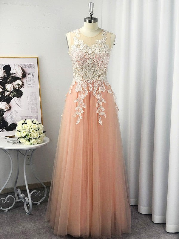 Scoop Applique A-Line/Princess Tulle Sleeveless Floor-Length Dresses