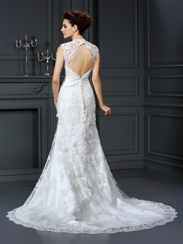 Sheath/Column Beading Sleeveless V-neck Long Lace Wedding Dresses
