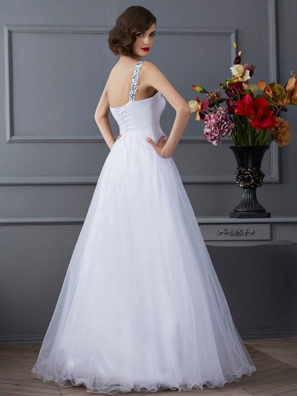 Sleeveless One-Shoulder Woven Beading Elastic Long Ball Gown Satin Quinceanera Dresses