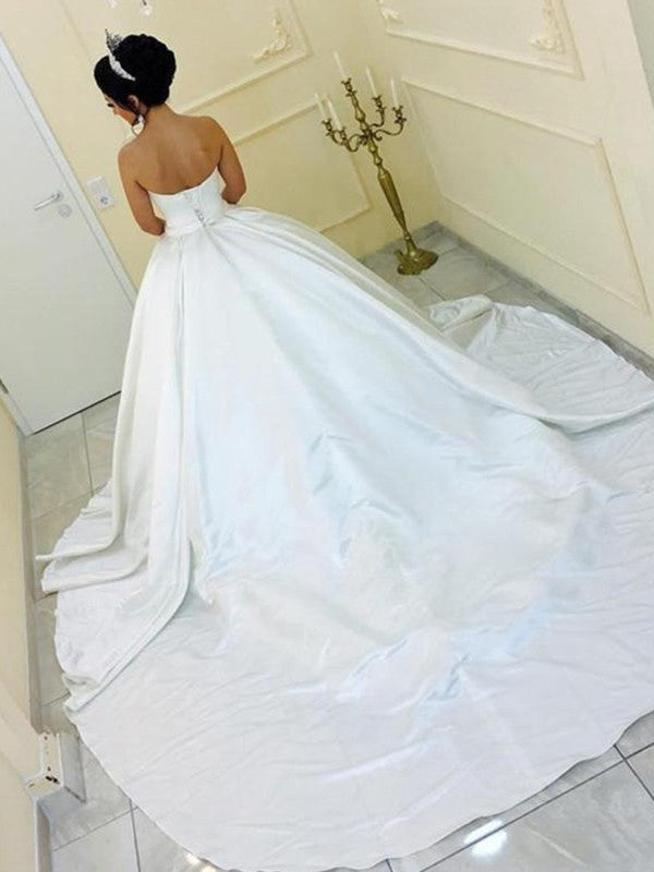Sweetheart Sash/Ribbon/Belt Ball Satin Sleeveless Gown Cathedral Train Wedding Dresses