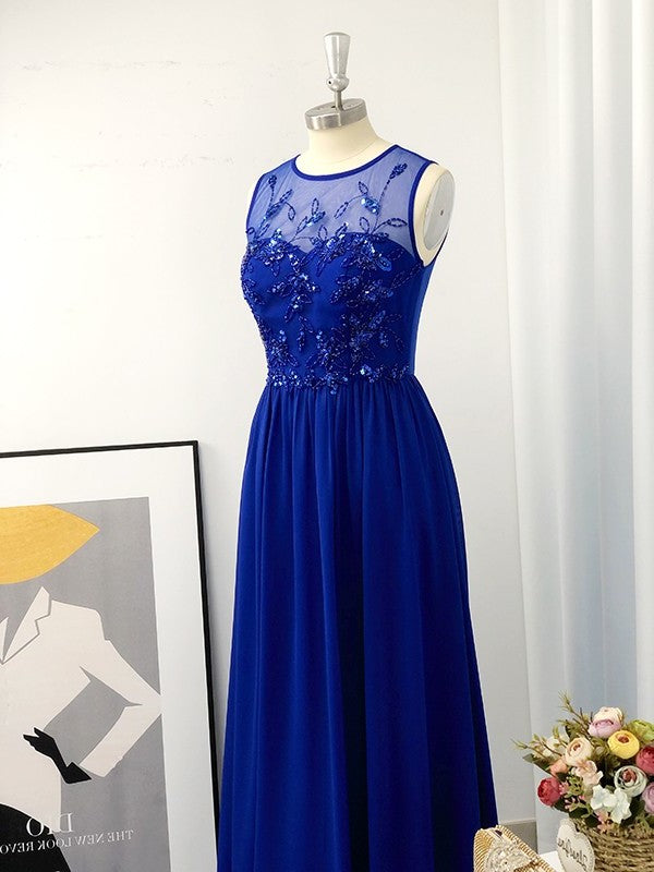 A-Line/Princess Paillette Scoop Chiffon Sleeveless Floor-Length Dresses
