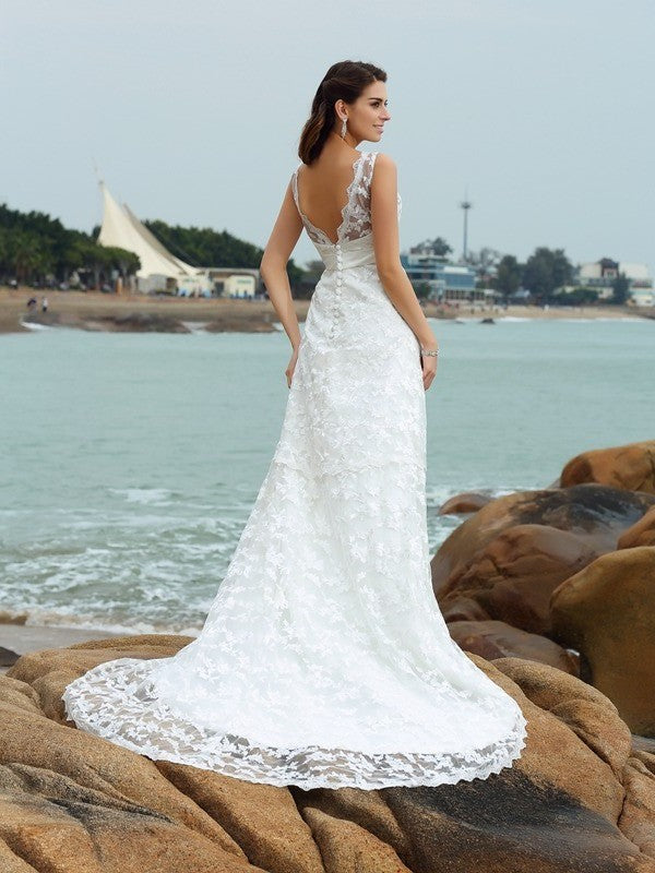 Straps Applique Sleeveless Satin Long A-Line/Princess Beach Wedding Dresses