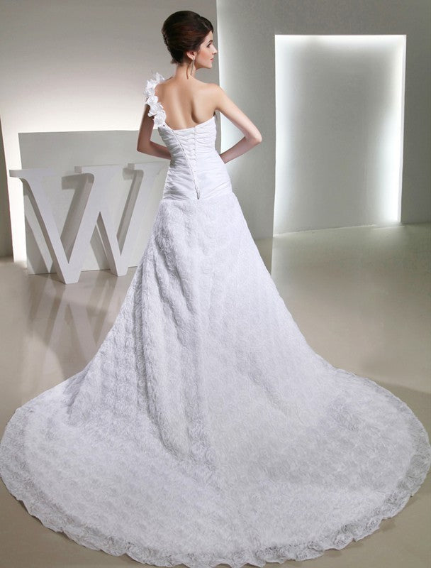 Taffeta Sleeveless Flowers A-Line/Princess Hand-made One-shoulder Long Wedding Dresses