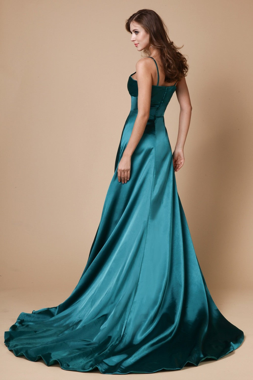 Long Ruffles A-Line/Princess Straps Spaghetti Sleeveless Elastic Woven Satin Dresses