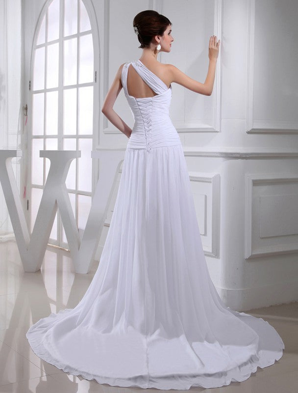 Chiffon Beading A-Line/Princess Sleeveless One-shoulder Applique Wedding Dresses