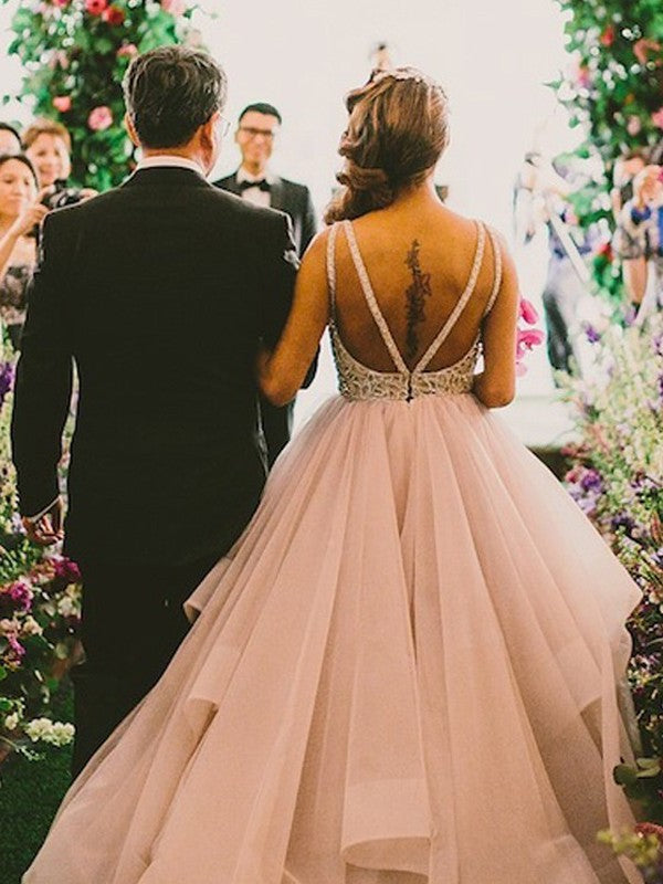 Gown Train Beading Scoop Sleeveless Ball Sweep/Brush Tulle Wedding Dresses