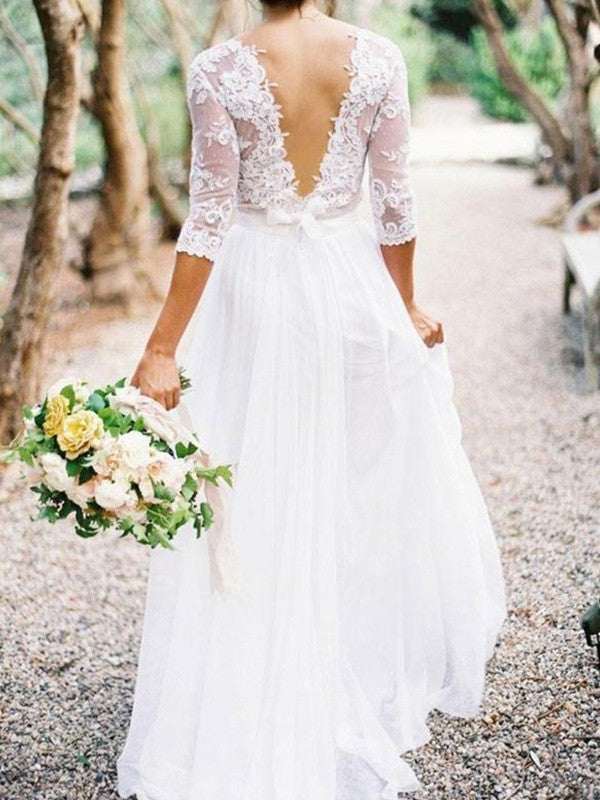 Floor-Length 1/2 Lace Applique Sleeves V-neck A-Line/Princess Chiffon Wedding Dresses