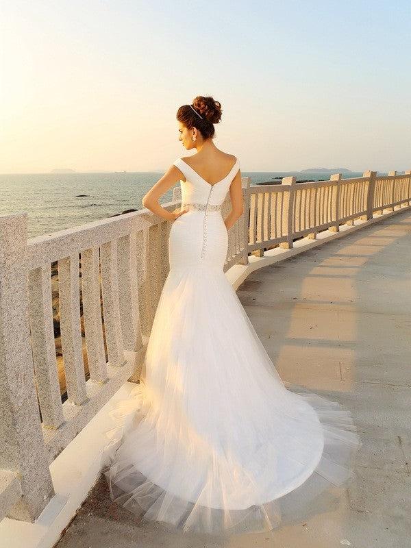 Pleats Long V-neck Sheath/Column Net Sleeveless Beach Wedding Dresses