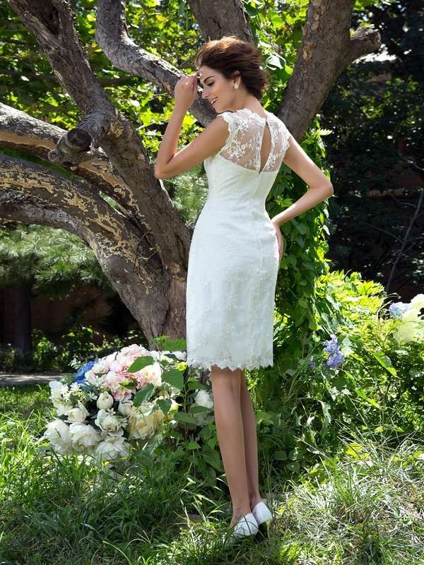 Sleeveless Applique A-Line/Princess Short Neck Sheer Satin Wedding Dresses