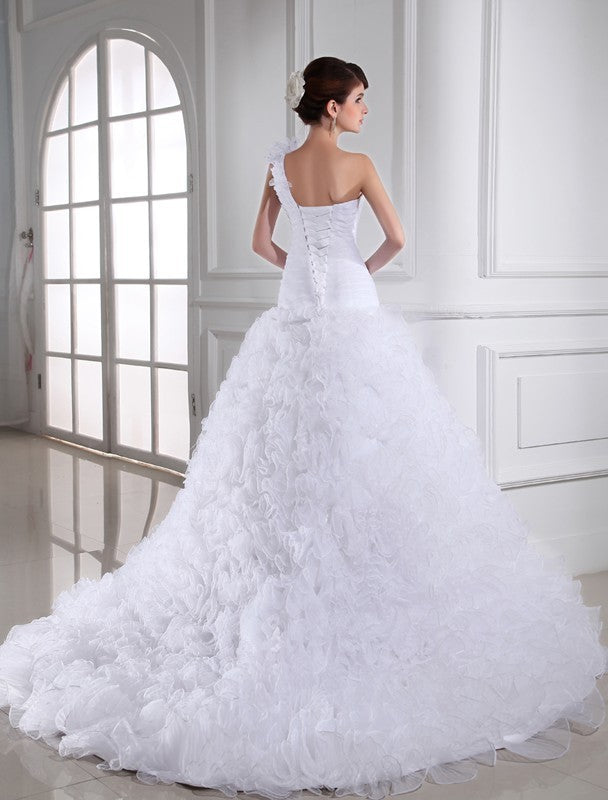 Beading One-shoulder Long Gown Sweetheart Sleeveless Ball Organza Wedding Dresses