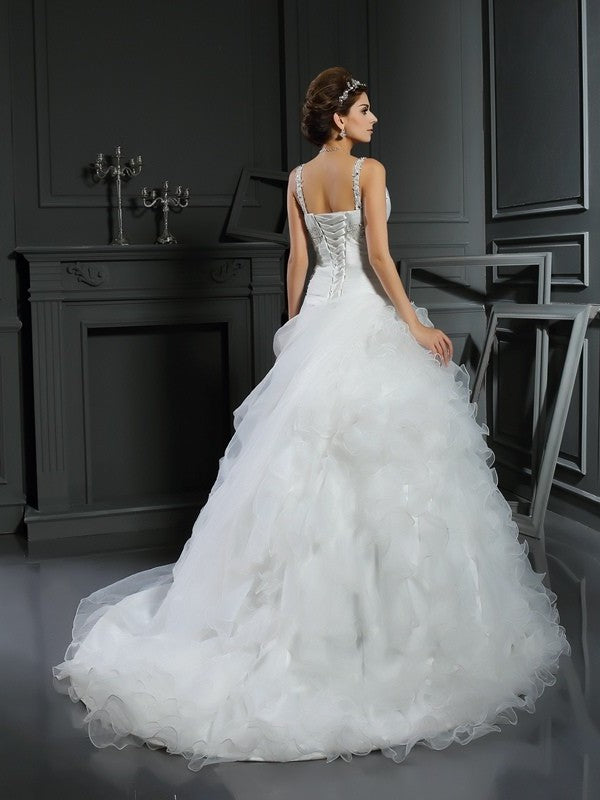 Long Ball Sleeveless Gown Ruffles V-neck Organza Wedding Dresses