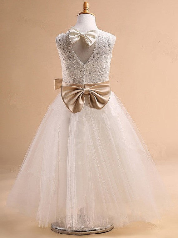 Ball Sleeveless Gown Jewel Bowknot Long Tulle Dresses