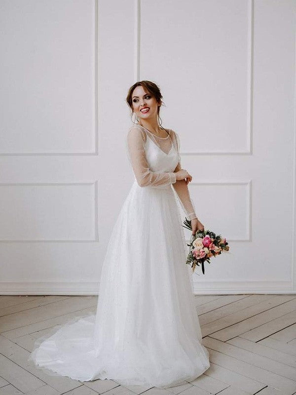 Scoop Sleeves Tulle Beading Sweep/Brush A-Line/Princess Long Train Wedding Dresses