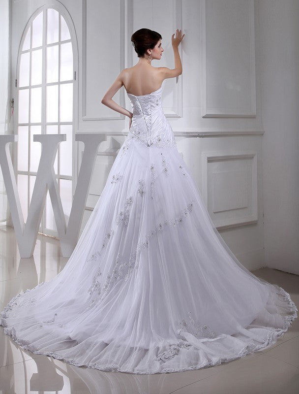 Long Tulle A-Line/Princess Sleeveless Beading Strapless Taffeta Wedding Dresses