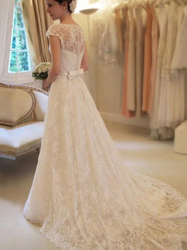 Sleeves Square Train Applique Sash/Ribbon/Belt A-Line/Princess Court Short Lace Wedding Dresses