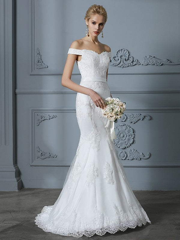 Trumpet/Mermaid Sleeveless Off-the-Shoulder Train Lace Sweep/Brush Tulle Wedding Dresses