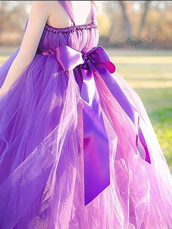 Gown Straps Ball Bowknot Tulle Sleeveless Floor-Length Flower Girl Dresses