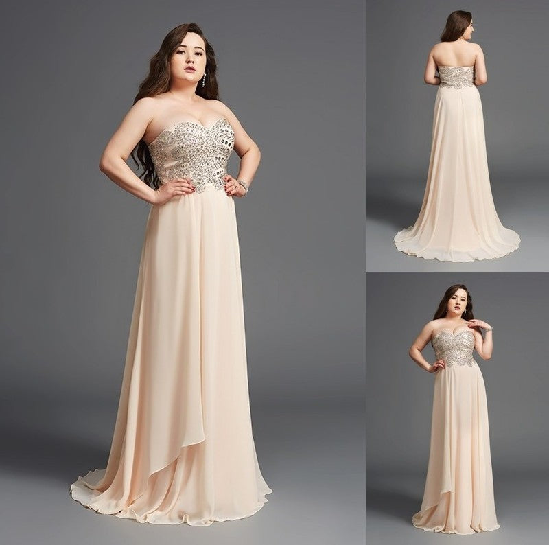 Sleeveless A-Line/Princess Long Chiffon Sweetheart Rhinestone Plus Size Dresses