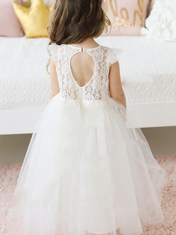 A-Line/Princess Sleeves Lace Short Floor-Length Tulle Scoop Flower Girl Dresses