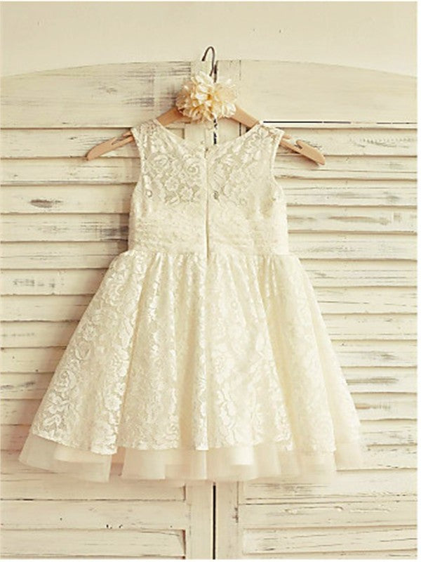Tea-Length Sleeveless Lace Ruffles Scoop A-line/Princess Flower Girl Dresses