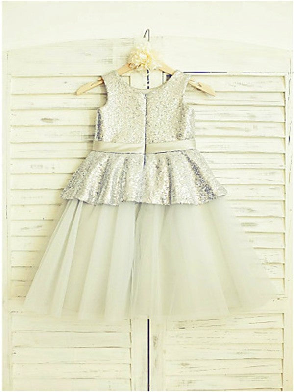 Tulle Scoop A-line/Princess Tea-Length Sleeveless Sequin Flower Girl Dresses