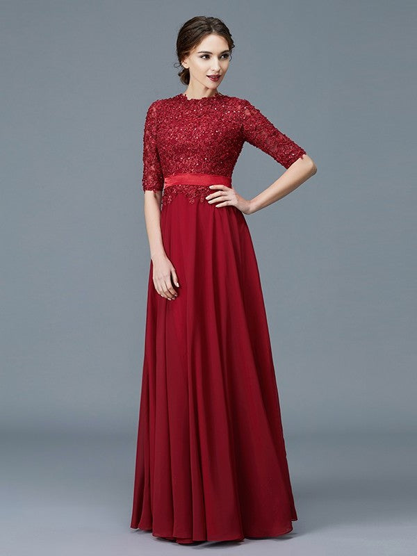 Floor-Length Applique 1/2 Sleeves of Mother Chiffon Scoop A-Line/Princess the Bride Dresses