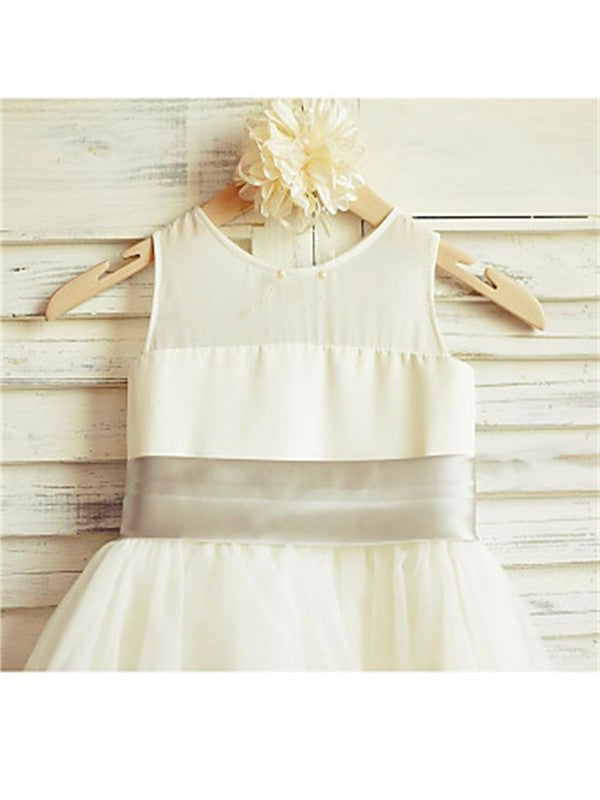 Sleeveless Bowknot A-line/Princess Tea-Length Scoop Tulle Flower Girl Dresses