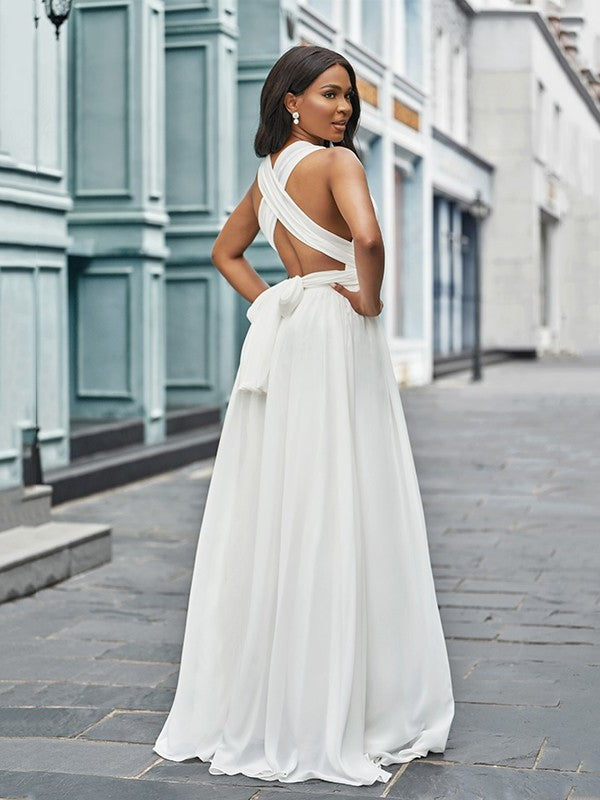 Ruched Chiffon A-Line/Princess Sleeveless Halter Floor-Length Wedding Dresses