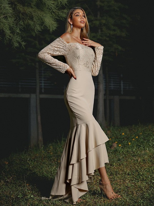 Sleeves Stretch Trumpet/Mermaid Lace Off-the-Shoulder Crepe Long Asymmetrical Bridesmaid Dresses