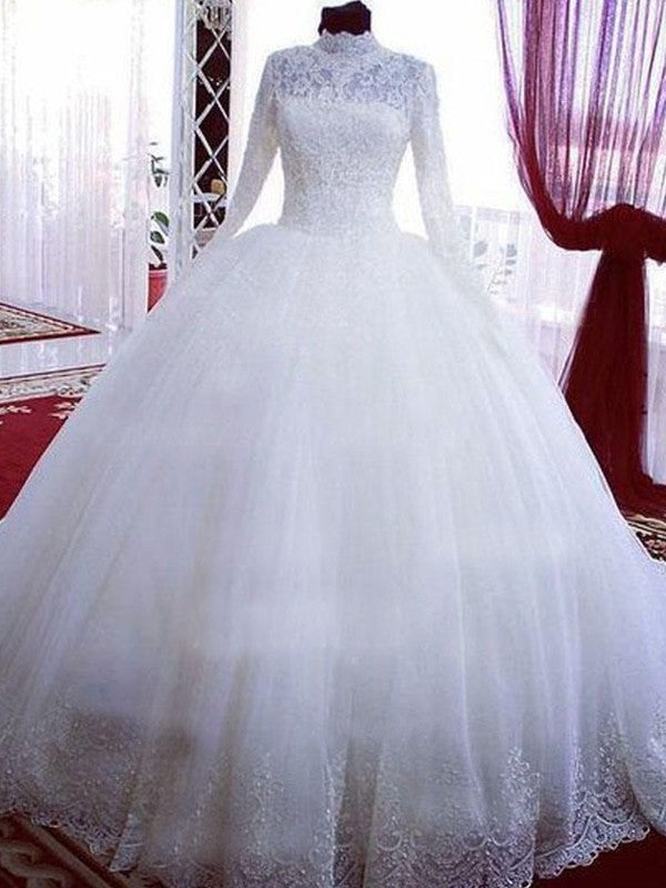 Sleeves Neck Lace Gown Tulle High Long Ball Chapel Train Wedding Dresses