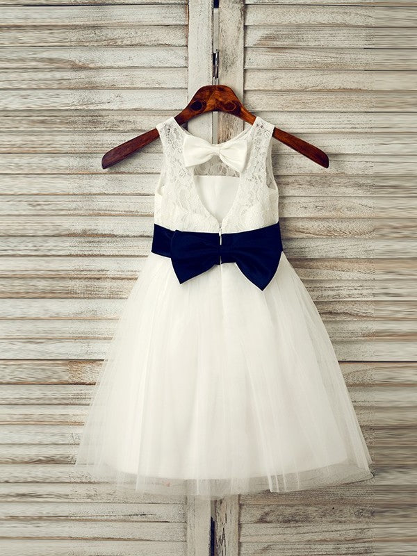 Scoop A-Line/Princess Bowknot Tulle Tea-Length Sleeveless Flower Girl Dresses