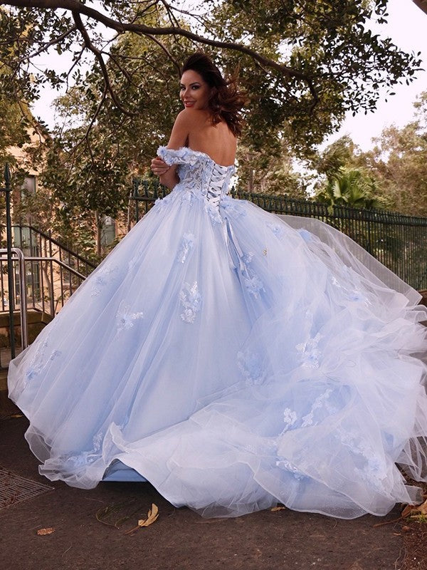 Gown Off-the-Shoulder Ball Sleeveless Applique Tulle Sweep/Brush Train Dresses