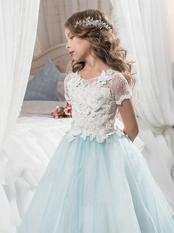 Sleeves Lace Scoop Floor-Length Tulle A-line/Princess Short Flower Girl Dresses