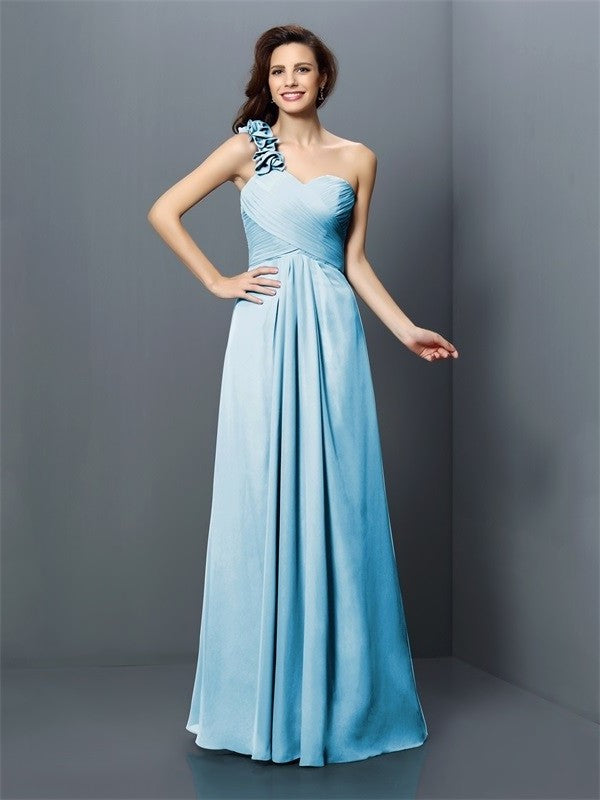 Long One-Shoulder Hand-Made Sleeveless A-Line/Princess Flower Chiffon Bridesmaid Dresses