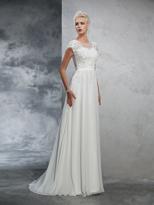 Neck Short Applique A-Line/Princess Long Sheer Sleeves Chiffon Wedding Dresses