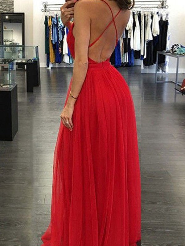 A-Line/Princess Spaghetti Straps Sleeveless Floor-Length Chiffon Dresses