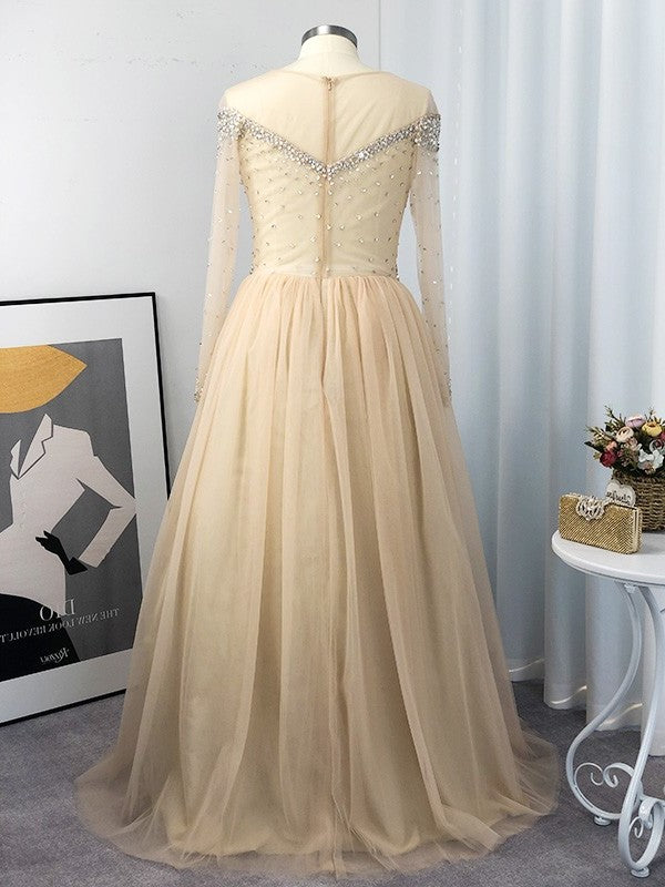 Long Sleeves Off-the-Shoulder Floor-Length Gown Tulle Ball Sequin Plus Size Dresses