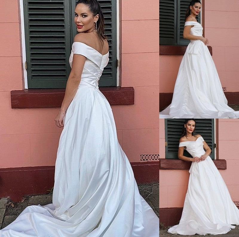 A-Line/Princess Satin Sleeveless Off-the-Shoulder Court Ruched Train Wedding Dresses