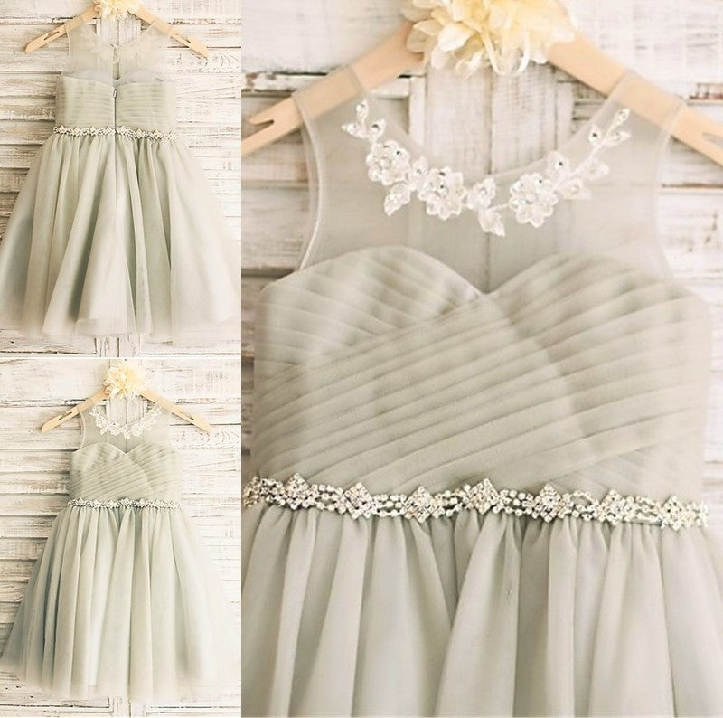 Scoop Sleeveless A-line/Princess Tea-Length Tulle Beading Flower Girl Dresses